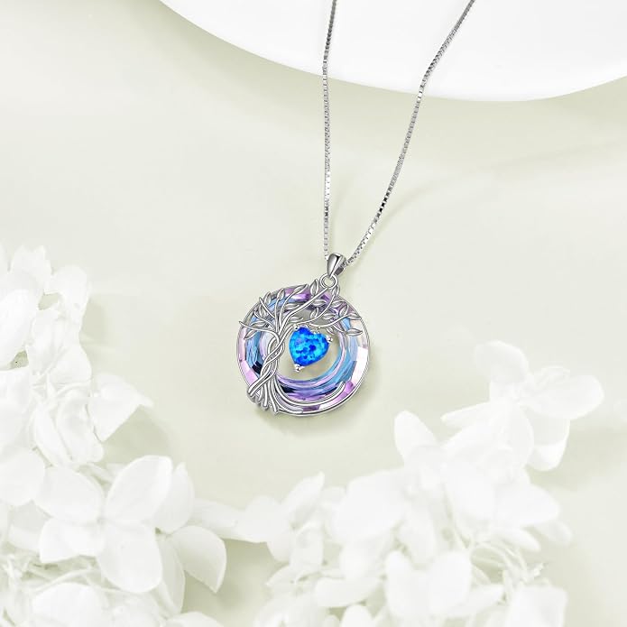 POPLYKE Mothers Day Gifts for Mom Her Wife Tree of Life Necklace 925 Sterling Silver Birthstone Pendant with Crystal Anniversary Birthday Wedding Jewelry for Women