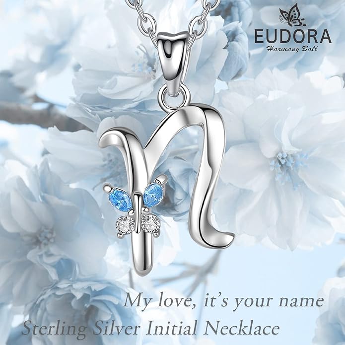 EUDORA Sterling Silver Butterfly Initial Necklaces for Women, Elegant Letter Neckles Personalized Gift for Mother, Sister, Daughter, 18 inch Chai