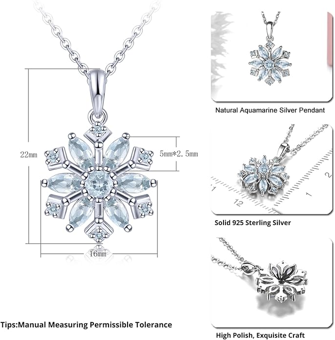 Snowflake Pendant Necklace for Women Girls Hypoallergenic S925 Sterling Silver Natural Aquamarine March Birthstone Charms Fine Jewelry for Christmas