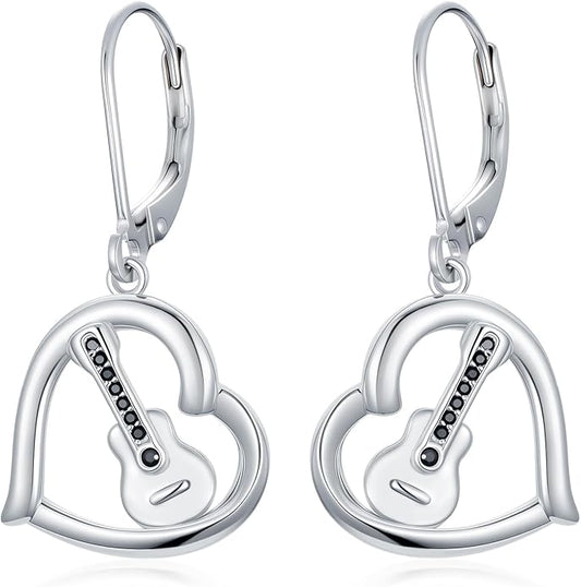 Midari Heart Dangle Earrings 925 Sterling Silver Leverback Drop Earrings Teacher Music Art Jewelry Gifts for Women Students Apple/Guitar/Palette/Note Design