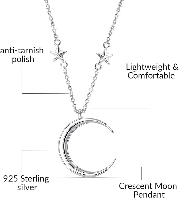 LeCalla 925 Sterling Silver Pendant Necklace | Crescent Moon and Star Necklace Jewelry | Handmade Charm Pendant Necklace for Women | Adjustable Chain Necklace Gifts for Women Valentine s Day, Mother s Day