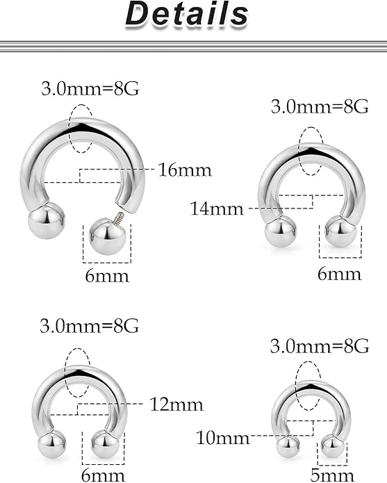 20G-00G Septum Rings Ear Gauges Earrings Stretching Kit 316L Surgical Steel Horseshoe Septum Pa Piercing Jewelry for Women 10mm 12mm 14mm 16mm