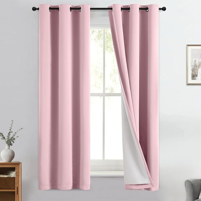 Yakamok Pink 100% Blackout Curtains 63 Inches Long for Bedroom 40" Wide | Blackout Curtain Panels for Bedroom, 2 Thick Layers Grommet Top Thermal Insulated Drapes with White Back for Living Room