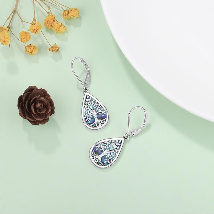 Odinstone 925 Sterling Silver Earrings Tree of Life Teardrop Moonstone Dangle Drop Leverback Earrings for Women