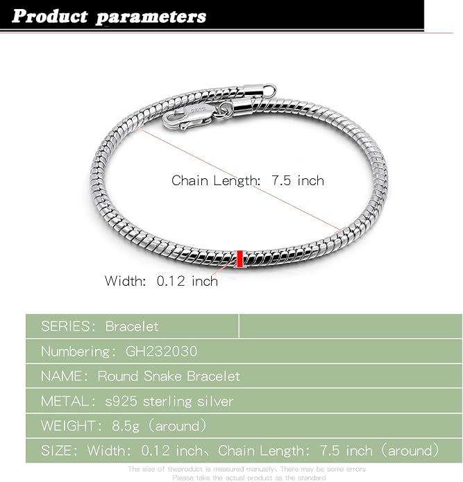 Dankadi Italy Smooth 3MM 4MM Round Snake Chain Bracelet Solid 925 Sterling Silver Men Women 6.3" 6.7" 7" 7.5" 8" 8.5" 9" 9.5" Bangle Charm Jewelry Gift