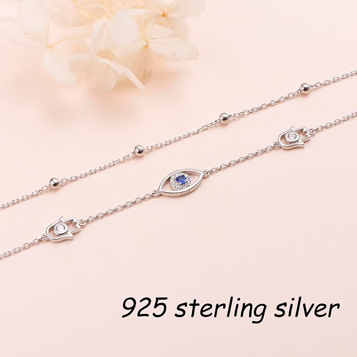 Anklets for Women 925 Sterling Silver Blue Evil Eye Infinity Butterfly Adjustable Multilayer Layered Summer Beach Ankle Bracelet Foot Chain Jewelry for Women