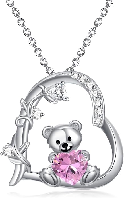 PELOVNY Teddy Bear Necklace for Women 925 Sterling Silver Bear/Highland Cow/Fox/Cat/Axolotl Birthstone Necklace Christmas Birthday Jewelry Gifts for Mom Daughter Wife Sister