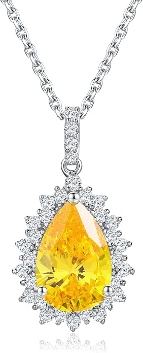 925 Sterling Silver Teardrop Necklace for Women Huge Created Gemstone Solitaire Halo Pendant Pear Cut Birthstone Necklace