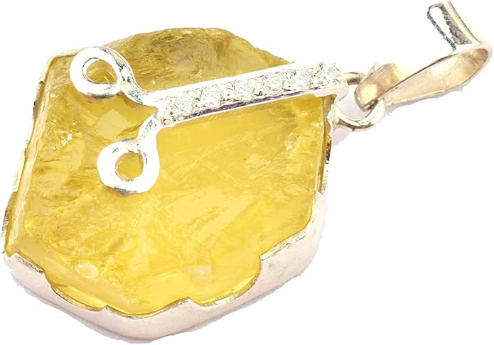 Natural Raw Lemon Quartz Stone Rough Crystal Gemstone Dainty Women Pendant Necklace, Chakra Healing Crystals, Birthstone, Gift, Rhodium Plated 925 Sterling Silver Chain 18 inch