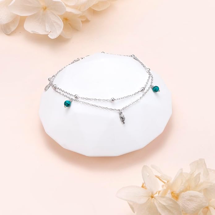 Ladytree S925 Sterling Silver Boho Beach Double Layer Anklets Bracelet for Women Adjustable 9 to 11 inches
