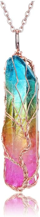 PESOENTH Crystal Necklace Life Tree Rainbow Quartz Gemstone Healing Stone Rose Gold Wire Wrap Necklace Crystal Jewelry Spiritual Gifts for Women