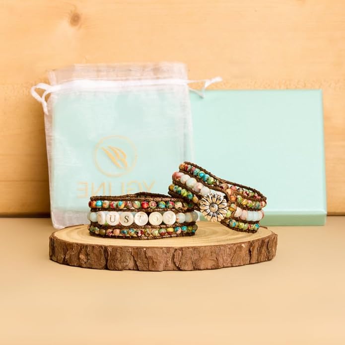 YGLINE Boho Handmade Natural Stone Bead 3 Row Wide Wrap Wrist Statment Bracelet Jewelry Collection