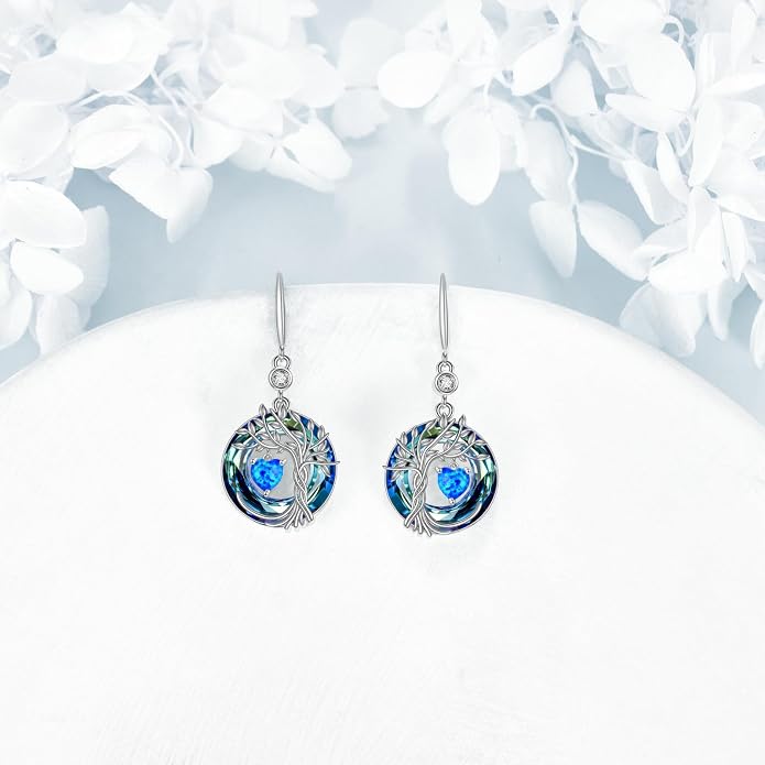 POPLYKE Tree of Life Birthstone Earrings 925 Sterling Silver Dainty Gemstone Birthstone Dangle Drop Earring with Crystal Fine Jewelry Birthday Gifts for Women Her