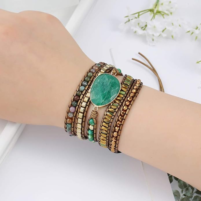 Plumiss Women Boho Handmade Natural Stone Crystal Leather Bead Wrap Bracelets Collection