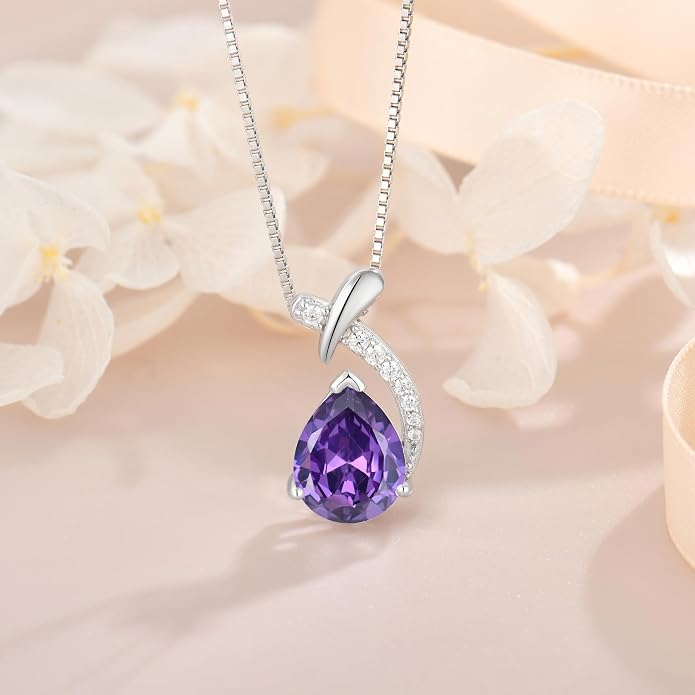 Teardrop Birthstone Necklace for Women,925 Sterling Silver Pear Cut Zircon Gemstone Pendant Necklace for Birthday Engagement Anniversary Wedding Jewelry