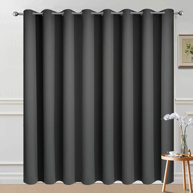 Yakamok Dark Grey Blackout Patio Door Curtain Panels W100 x L84, 1 Panel | Noise Reducing Barrier Panel for Sliding Glass Door, 2 Thick Layers Heat Full Light Blocking Patio Door Drapery
