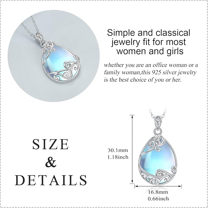 YAFEINI 925 Sterling Silver Moonstone Necklace Filigree Teardrop Pendant Necklace Jewelry for Women Girls