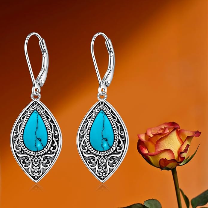 Turquoise Earrings for Women Sterling Silver Dangle Earrings Filigree Jewelry Drop Leverback Mothers Day Gift
