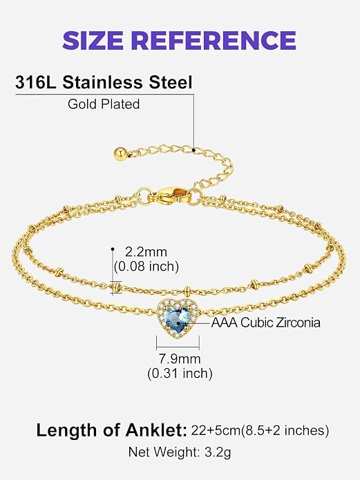 Richsteel Double Layer Heart/Butterfly Birthstone Anklet for Women Non Tarnish Waterproof, Silver/Gold/Black Stainless Steel 8.5-10.5 Inch Adjustable Chain Anklets Jewelry Gifts for Her
