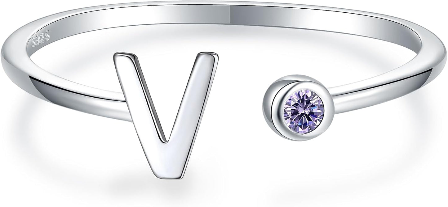 925 Sterling Silver Initial Letter Birthstone Rings for Women Adjustable 1-12 Month Birthstone Alphabet Stacking Ring for Teens Girls Stackable Birthstone Rings Birthday Jewelry Gift for Daughter Mom