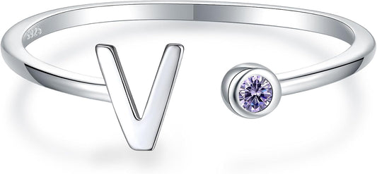 925 Sterling Silver Initial Letter Birthstone Rings for Women Adjustable 1-12 Month Birthstone Alphabet Stacking Ring for Teens Girls Stackable Birthstone Rings Birthday Jewelry Gift for Daughter Mom