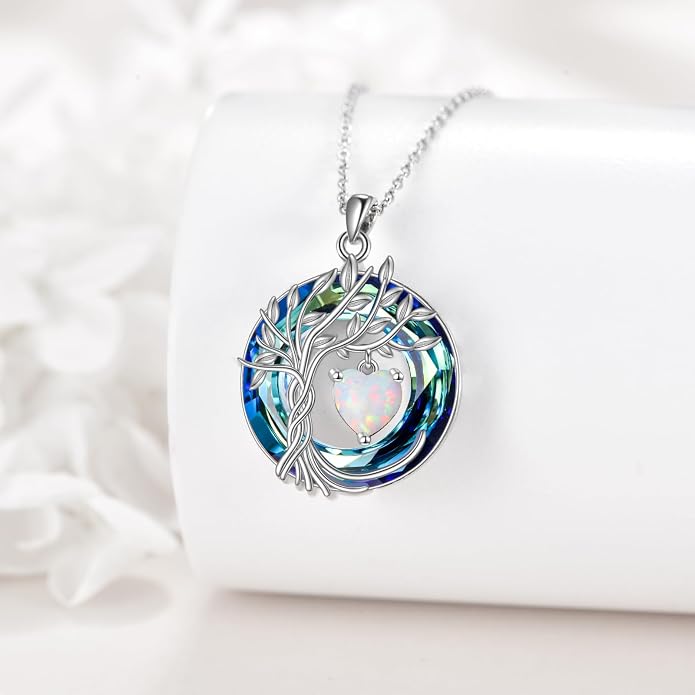 POPLYKE Mothers Day Gifts for Mom Her Wife Tree of Life Necklace 925 Sterling Silver Birthstone Pendant with Crystal Anniversary Birthday Wedding Jewelry for Women