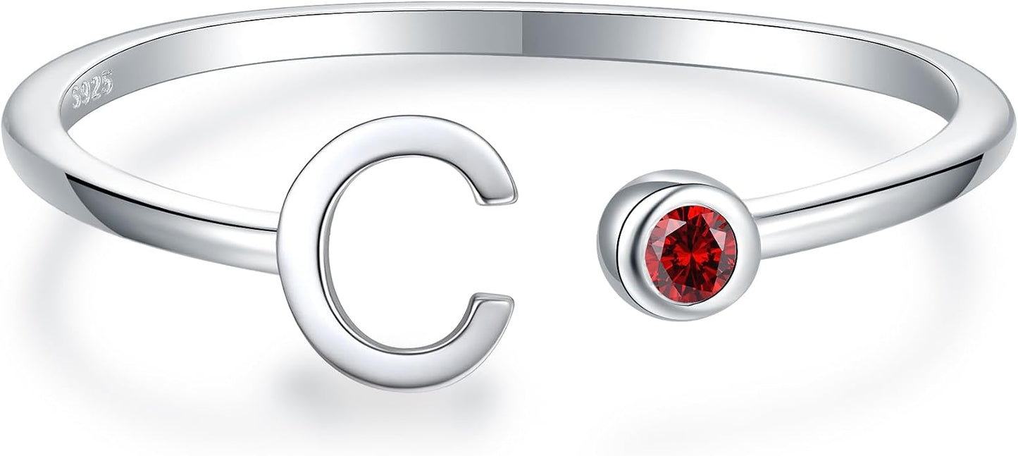 925 Sterling Silver Initial Letter Birthstone Rings for Women Adjustable 1-12 Month Birthstone Alphabet Stacking Ring for Teens Girls Stackable Birthstone Rings Birthday Jewelry Gift for Daughter Mom
