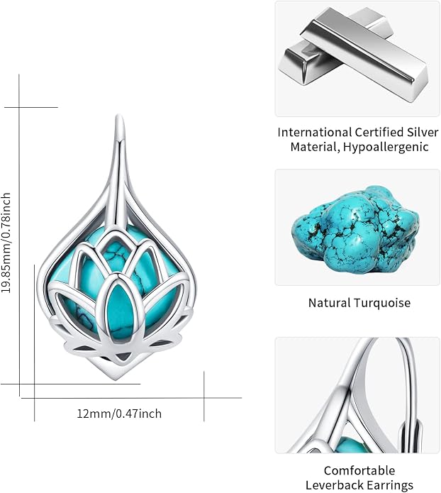 BDL Genuine Turquoise Jewelry for Women, Sterling Silver Earrings and Necklaces for Women, Leverback Dangle Drop Earrings Jewelry