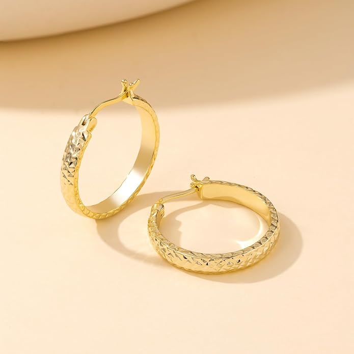 14K Yellow Gold Hoop Earrings for Women 4.4mm*25mm Trendy Diamond Cut Textured Hinged Hoops with Unique Faceted Pattern, Hypoallergenic Chunky Jewelry Gift