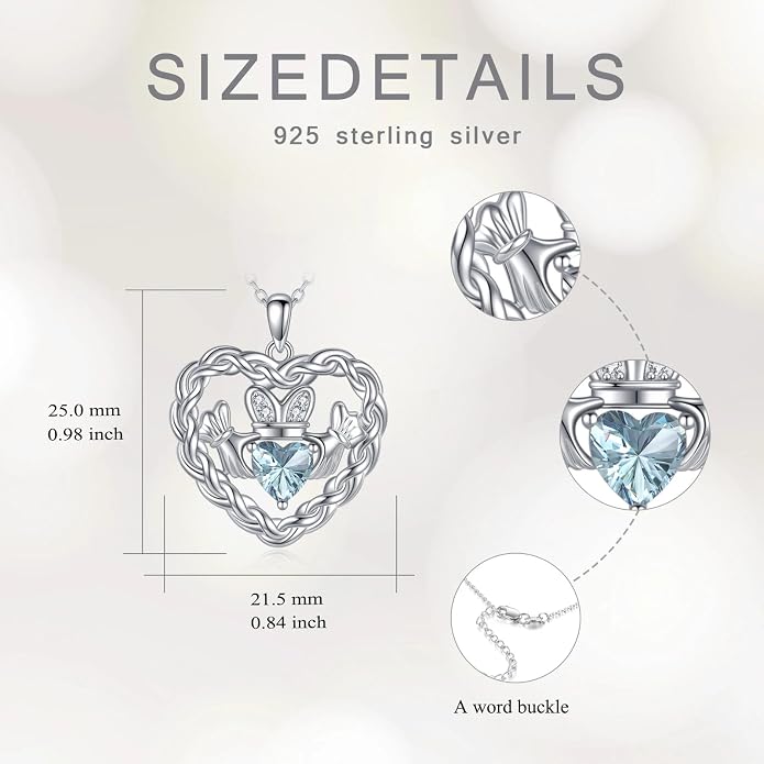 Birthstone Claddagh Heart Necklace 925 Sterling Silver Heart Celtic Knot Claddagh Necklace Pendant Irish Jewelry Gifts for Women Mom Wife Sister Christmas Birthday,18+2 inch