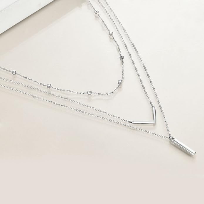 MONGAS Boho Layered Necklace Sterling Silver Triple 3 Stacked Vertical Bar Triangle Long Layering Necklaces Christmas Jewelry Gifts for Women