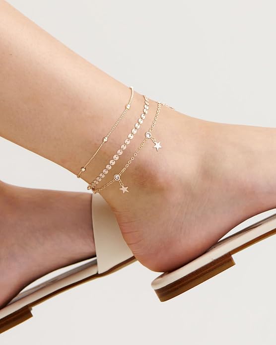 Dainty Gold Disc Chain Anklet for Women, 14K Gold Plated Sequin Foot Bracelet, 8.3"+2" Adjustable Delicate Flat Disc Link Ankle Bracelet, Minimalist Summer Beach Jewelry Gift for Her