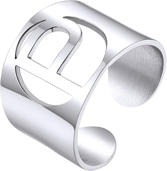 KeyStyle Bold Initial Letter Rings Adjustable, GoldChic Jewelry Women Gold Statement Ring Personalized Engraved Women’s Open Signet Ring for Party (Gold, White Gold, Black)