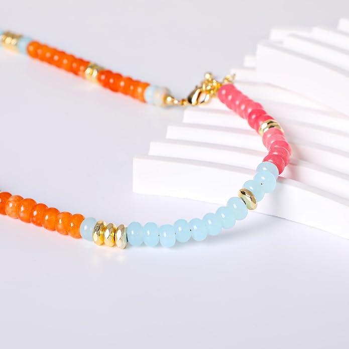 LALAPPLE Colorful Beaded Gemstone Necklace for Women, Boho Rainbow Bead Choker with Natural Stone Crystal Beads, Handmade Summer Beach Necklace Jewelry