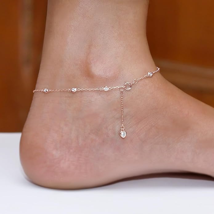 Station Anklet Bracelet For Women 3MM Round Lab Created Moissanite Bezel Set Single Piece Dainty Link Chain Anklet in 14K Gold Plated 925 Sterling Silver 8" to 10" Fine Jewelry