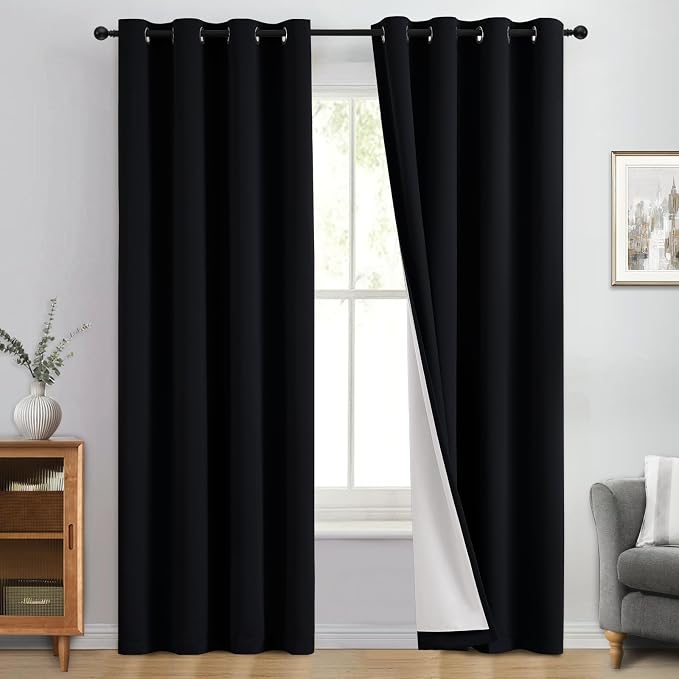 Yakamok Black 100% Blackout Curtains 84 Inches Long for Bedroom 50" Wide | Blackout Curtain Panels for Bedroom, 2 Thick Layers Grommet Top Thermal Insulated Drapes with White Back for Living Room