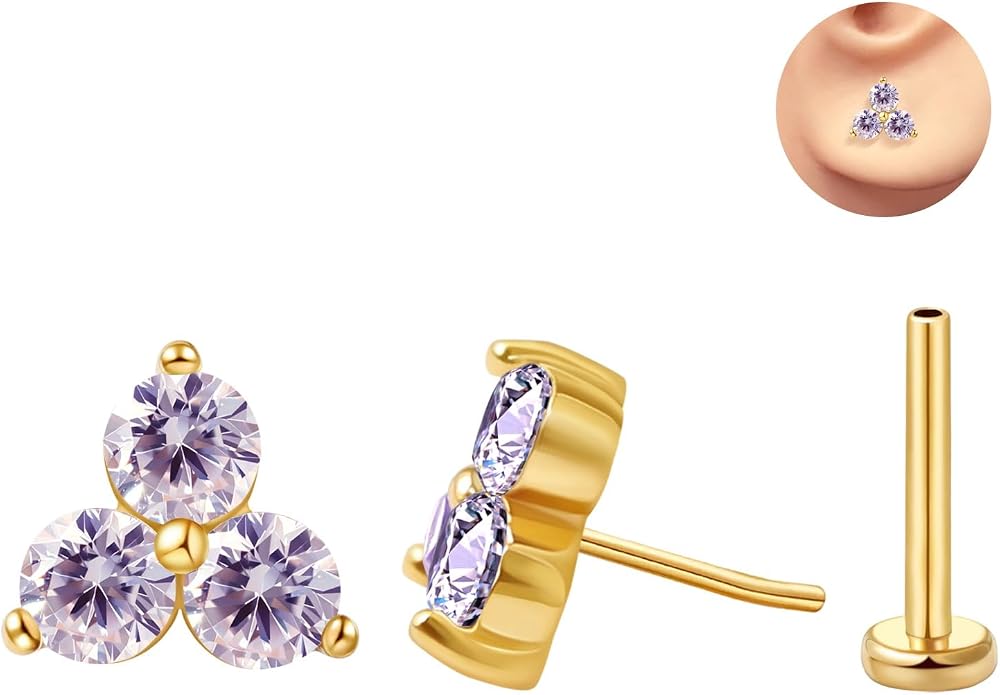 FANSING Cartilage Earring Tragus Stud Trio CZ Stone Flat Back Earring for Helix Conch Threadless Push Pin Labret Stud