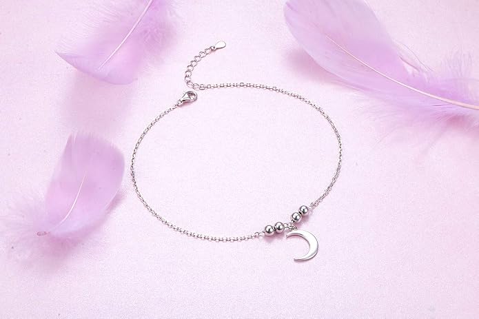 FLYOW S925 Sterling Silver Anklet for Women Summer Boho Beach Charm Adjustable Foot Ankle Bracelet Jewelry Birthday Gift
