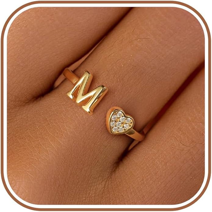 LOVECOM Initial Heart Rings for Women 925 Sterling Silver Gold Adjustable Letter Name Ring Non Tarnish Trendy Stuff Alphabet Letter CZ Stackable Ring Jewelry Gifts for Mom Daughter Sister