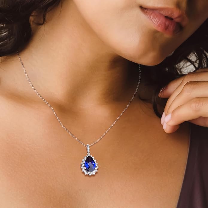 925 Sterling Silver Teardrop Necklace for Women Huge Created Gemstone Solitaire Halo Pendant Pear Cut Birthstone Necklace