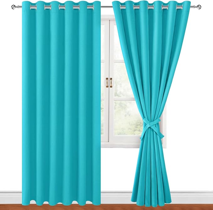 Hiasan Grommet Blackout Curtains for Bedroom, 70 x 84 Inches - Thermal Insulated & Light Blocking Window Drapes for Living Room/Dorm Room, Set of 2 Panels Sewn with Tiebacks, Turquoise
