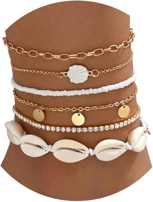 Qceasiy Bead Ankle Bracelets Set For Women, Adjustable Gold Plated Boho Shell Anklet, Hawaiian Beach Seashell Pearl Disc Starfish Conch Foot Jewelry, Summer Fashion Gifts