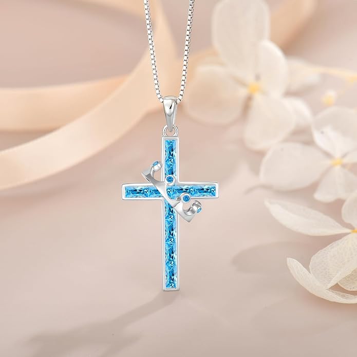 Gemstone Crown Cross Necklaces for Women, 925 Sterling Silver Rectangular cut Zircon Pendant With Rotated Crown Faith Cross Jewelry Gift