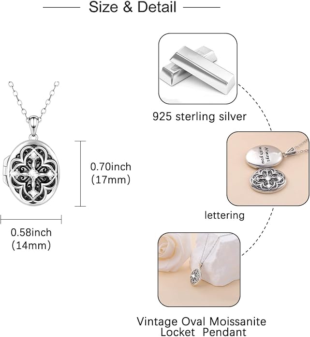 Oval Moissanite Locket Necklace for Women - 925 Sterling Silver Locket Pendant with Photo Vintage Moissanite Lockets Necklace Holds Pictures Engraved “Always with You ”Memorial Jewelry Gift for Mom Daughter