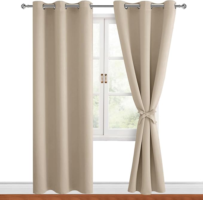 Hiasan Blackout Curtains for Bedroom, 38 x 84 Inches Long - Thermal Insulated & Light Blocking Window Curtains for Living Room, 2 Drape Panels Sewn with Tiebacks, Taupe