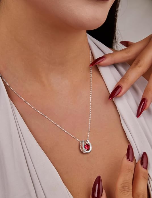 925 Sterling Silver Horseshoe Necklace for Women Round Gemstone Birthstone Necklace Sapphire/Emerald/Ruby/CZ Horse Shoe Pendant Necklaces Jewelry Gift