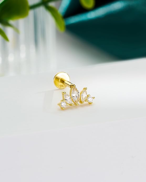 COCHARM 14K Gold Plated Cartilage Earrings Stud 16G 925 Sterling Silver Helix Earrings Internally Thread Heart Flat Back Piercing Jewelry