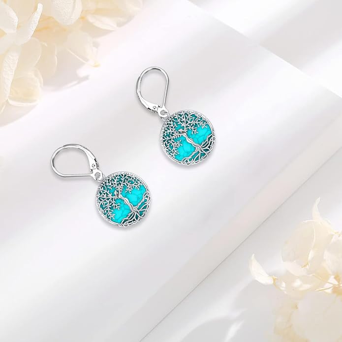 Black Cat/Turtle/Moonstone//Turquoise/Flower/Tree of Life Earrings Sterling Silver Cute Animal Leverback Dangle Earrings Jewelry Gifts