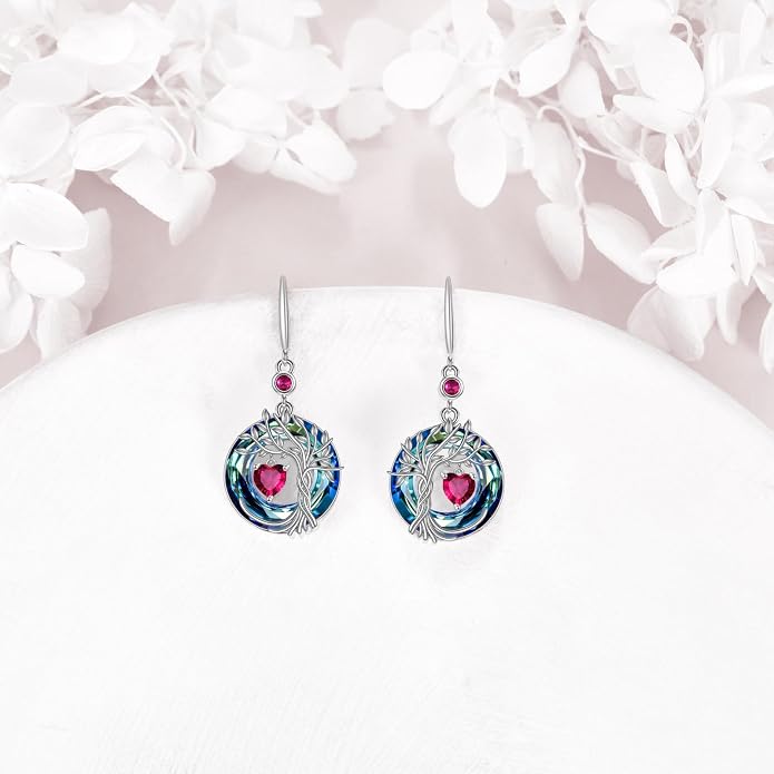 POPLYKE Tree of Life Birthstone Earrings 925 Sterling Silver Dainty Gemstone Birthstone Dangle Drop Earring with Crystal Fine Jewelry Birthday Gifts for Women Her