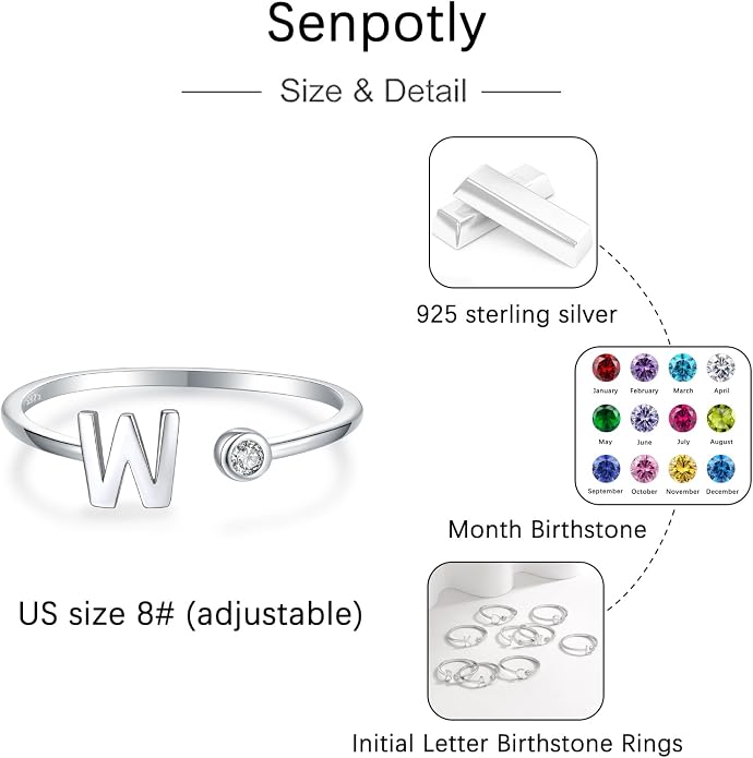 925 Sterling Silver Initial Letter Birthstone Rings for Women Adjustable 1-12 Month Birthstone Alphabet Stacking Ring for Teens Girls Stackable Birthstone Rings Birthday Jewelry Gift for Daughter Mom